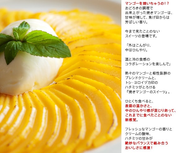 マンゴーを焼いちゃうの!?
おどろきの調理で出来上がった焼きマンゴーは、甘味が増して、焦げ目からは芳ばしい香り。
今まで見たことのないスイーツの登場です。
「外はこんがり、中はひんやり。
温と冷の食感のコラボレーションを楽しんで」
熱々のマンゴーと相性抜群のブレンドクリームと、トシ・ヨロイヅカ印のハチミツがとろける『焼きマンゴーのスイーツ』。
ひとくち食べると、表面の温かさと、中のひんやり感が混じりあって、これまでに食べたことのない新感覚。
フレッシュなマンゴーの香りとクリームの酸味、ハチミツの甘みが絶妙なバランスで絡み合うおいしさに感激!