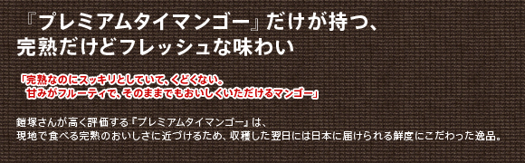 『プレミアムタイマンゴー』だけが持つ、
完熟だけどフレッシュな味わい
「完熟なのにスッキリとしていて、くどくない。
甘みがフルーティで、そのままでもおいしくいただけるマンゴー」
鎧塚さんが高く評価する『プレミアムタイマンゴー』は、現地で食べる完熟のおいしさに近づけるため、収穫した翌日には日本に届けられる鮮度にこだわった逸品。