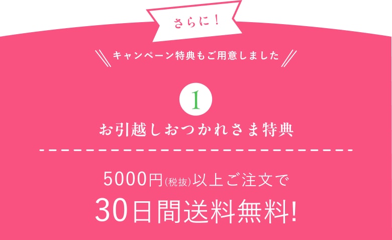 キャンペーン特典もご用意しました お引越しおつかれさま特典 5000円(税抜)以上ご注文で30日間送料無料!