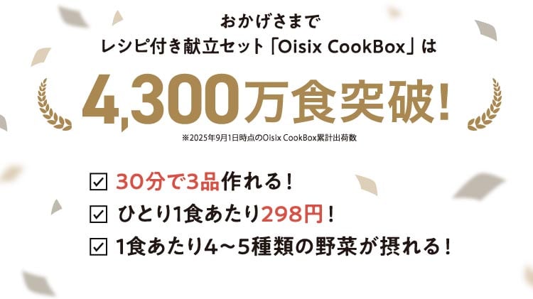 ���������܂Ń��V�s�t�������Z�b�g�uOisix CookBox�v��4,300���H�˔j�I(��2025�N9��1�����_��Oisix CookBox�݌v�o�א�)�B30����3�i����I�ЂƂ�1�H������298�~�I1�H������4~5��ނ̖�؂��ۂ��I